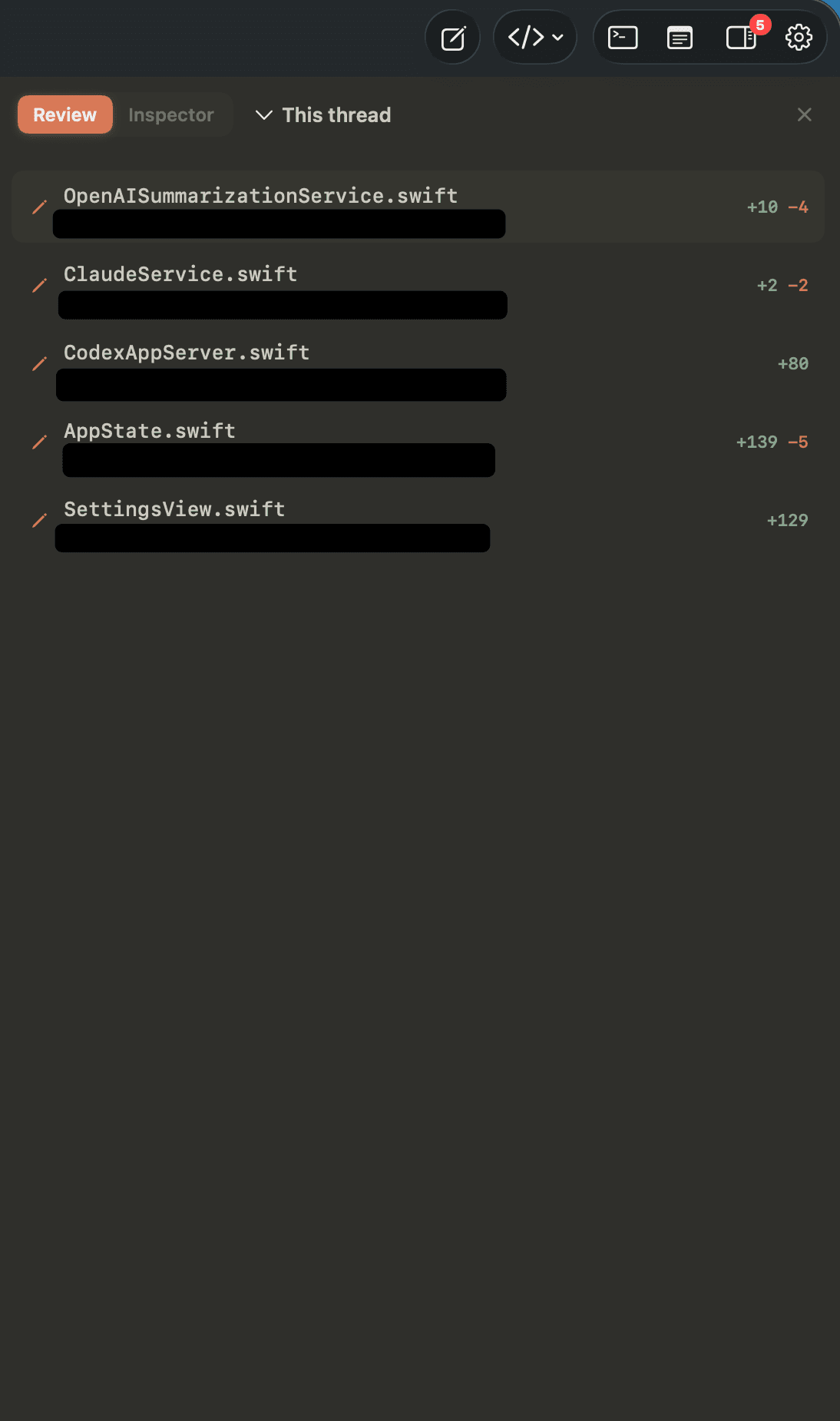 RxCode thread review panel listing files changed by an agent session