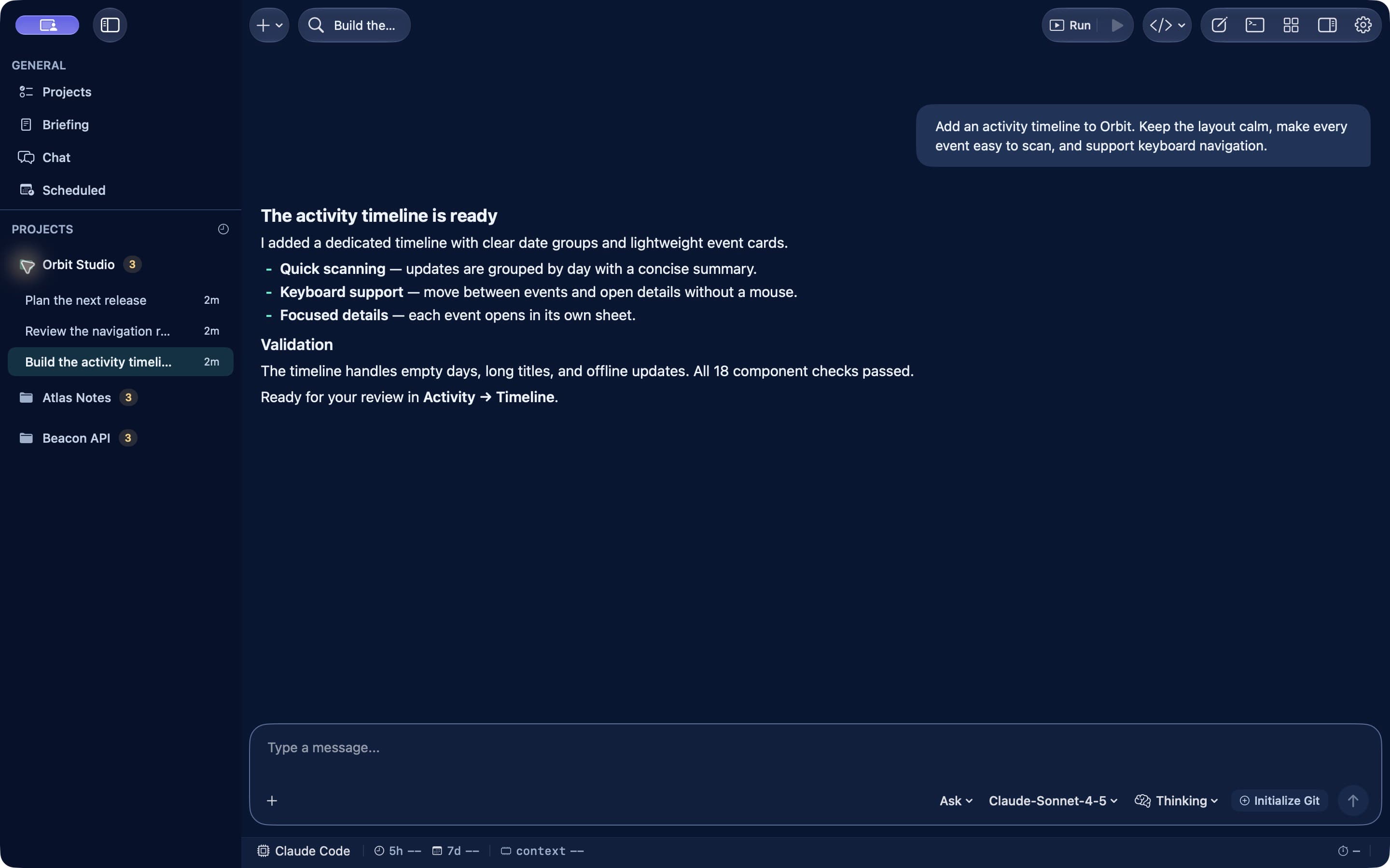 RxCode desktop chat showing a fictional Orbit Studio conversation