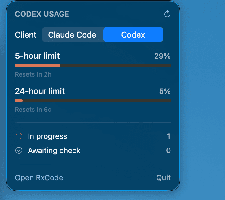 RxCode menu bar extra showing Codex usage limits and session progress