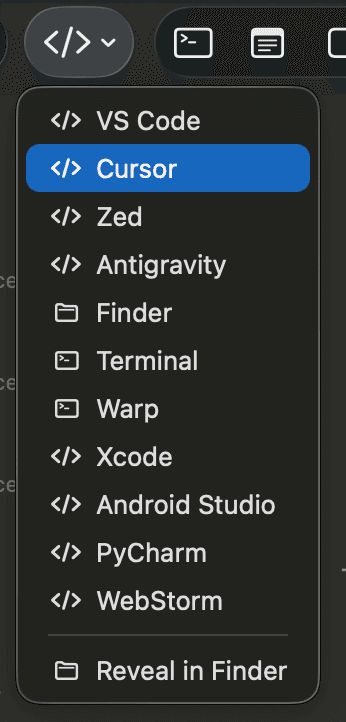 RxCode editor menu with VS Code, Cursor, Zed, Finder, Terminal, and Xcode options