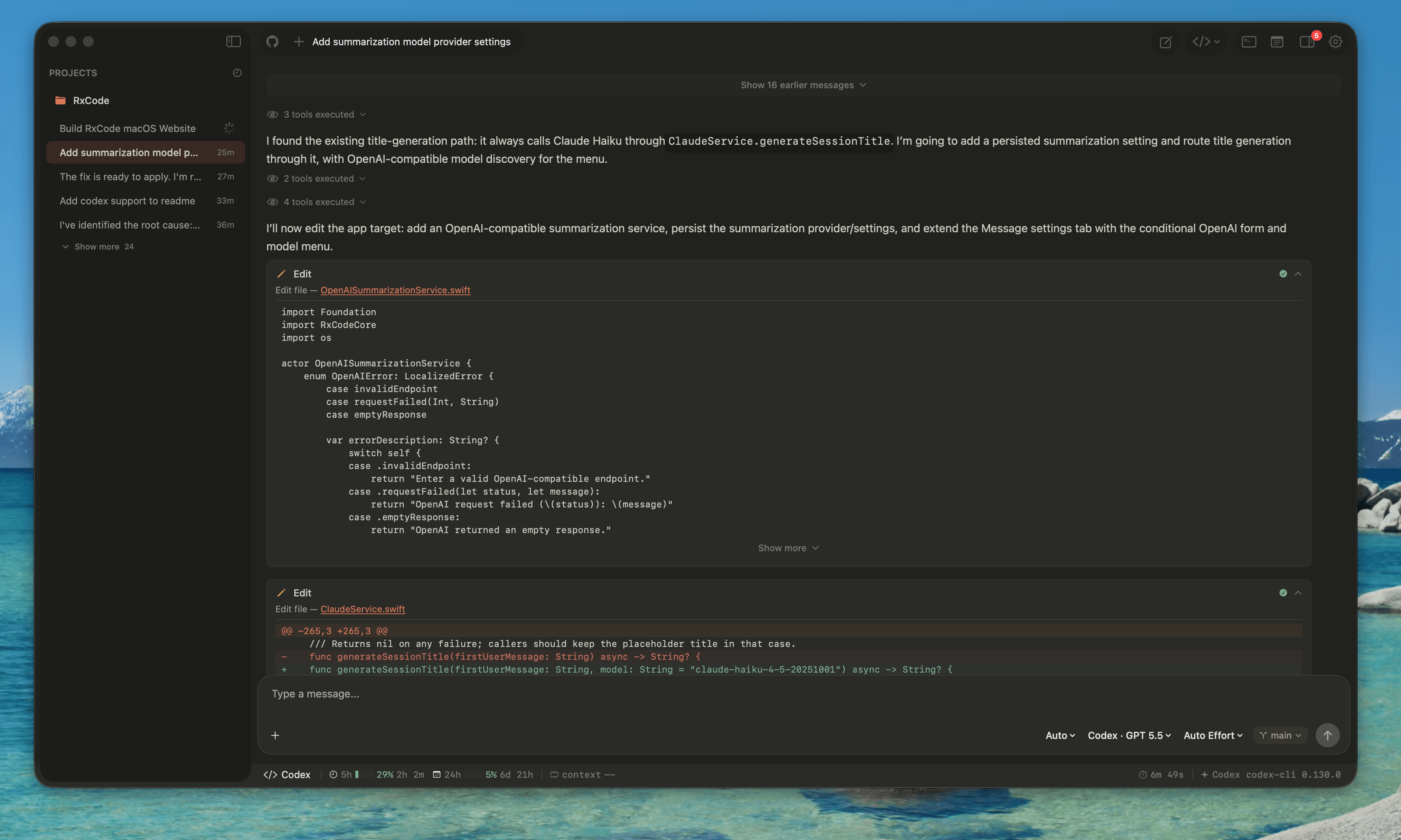RxCode running a Codex session with model and usage controls visible